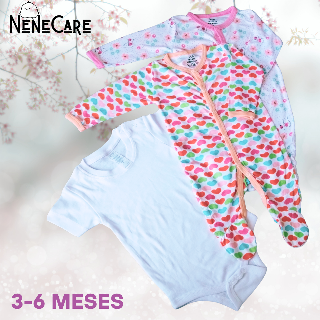 SET DE 2 MAMELUCOS Y PAÑALERO PARA BEBITA 3 A 6 MESES