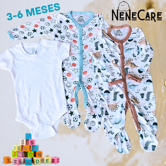 SET DE MAMELUCOS Y PAÑALERO PARA BEBE 3 A 6 MESES