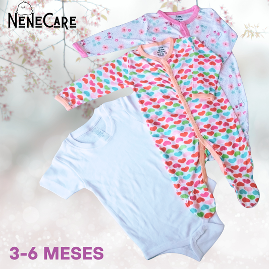 SET DE 2 MAMELUCOS Y PAÑALERO PARA BEBITA 3 A 6 MESES